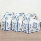 25 Pack Candy Gift Tote Gable Boxes in White Royal Blue Damask Floral Pattern, Party Favor Treat Box