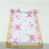 5 Pack White Pink Non-Woven Butterfly Theme Table Runner With Gold Edges