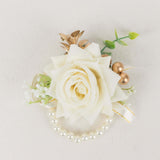 2 Pack White Artificial Rose Wrist Corsages With Pearls, Flower Bracelet Wedding Accessories