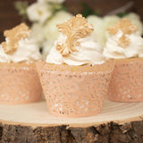 25 Pack | Blush Rose Gold Lace Laser Cut Paper Cupcake Wrappers, Muffin Baking Cup Trays