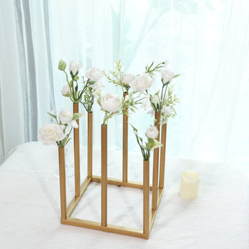 Flower Vase Gold Metal Minimalist 8-Tubes Square Base Design - Single Stem Bud Centerpiece for Arrangements 10"