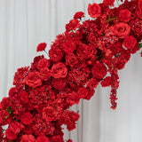 Vibrant red floral arrangement with roses, hydrangeas, and carnations. #whtbkgd