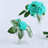 24 Roses | 2inchTurquoise Artificial Foam Flowers With Stem Wire and Leaves