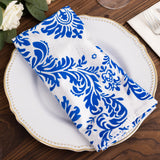 5 Pack Royal Blue White Damask Flocking Taffeta Napkins, Decorative Cloth Napkins