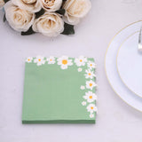 20 Pack Sage Green Daisy Flower Paper Beverage Napkins, Disposable Cocktail Napkins