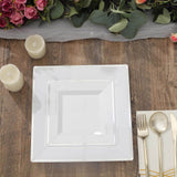 10 Pack - 10inch Silver Trim White Square Plastic Disposable Dinner Plates