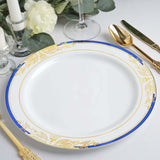 10 Pack | White With Royal Blue Rim 10inch Plastic Dinner Plates, Round With Gold Vine Design