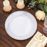 10 Pack White Renaissance Disposable Dinner Plates With Gold Navy Blue Chord Rim, Plastic Party