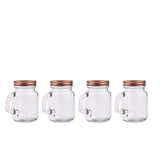 4 Pack | 4oz Rustic Clear Glass Mason Jars With Handles & Rose Gold Screw On Lids