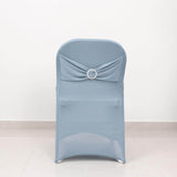 Dusty Blue Spandex Folding Chair Covers with Silver Rhinestone Buckled Sash Band