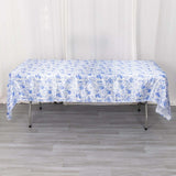 60"x102" White Blue Satin Rectangular Tablecloth in French Toile Floral Pattern, Wrinkle Resistant