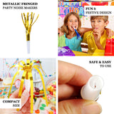 Metallic fringed party noise makers in a festive setting. Safe and easy to use.
