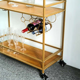 3ft Gold Metal 2-Tier Bar Cart Wine Rack With Wooden Serving Trays, Kitchen Trolley 5 Wine Bottles