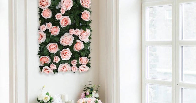 Pink floral wall with lattice overlay
