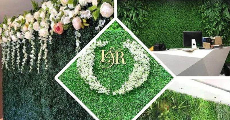 Green floral backdrop with monogram wreath