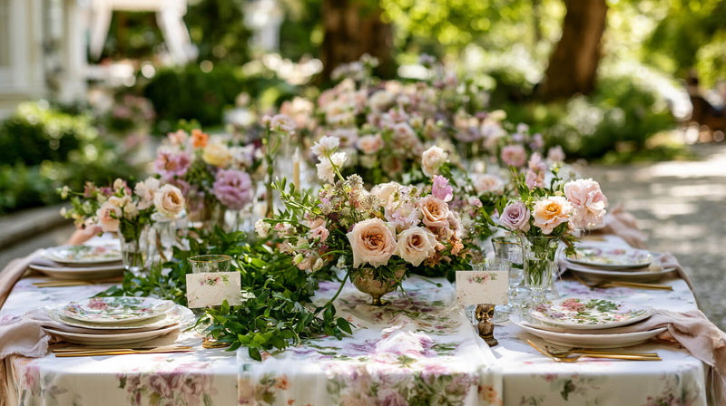 Floral baby shower table setting outdoors