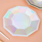 7.5inch Iridescent Geometric Dessert Salad Paper Plates, Disposable Plates with Decagon Rim