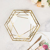 25 Pack | 7inch White / Gold Hexagon Salad Paper Plates, Geometric Disposable Dessert