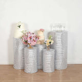 Set of 5 Silver Sequin Mesh Cylinder Pedestal Pillar Prop Covers with Geometric Pattern Embroidery