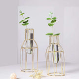 Set of 2 | Bottle Shaped Gold Metal Frame Test Tube Bud Vases, Geometric Glass Wedding Centerpieces