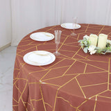 Terracotta (Rust) Seamless Round Polyester Tablecloth With Gold Foil Geometric Pattern - 120inch