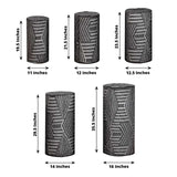 Set of 5 Black Sequin Mesh Cylinder Pedestal Pillar Prop Covers with Geometric Pattern Embroidery