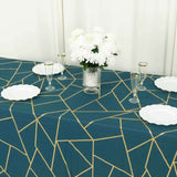 90x132inch Peacock Teal Rectangle Polyester Tablecloth With Gold Foil Geometric Pattern