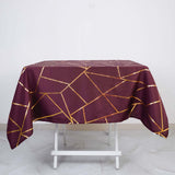 54"x54" Burgundy Polyester Square Tablecloth With Gold Foil Geometric Pattern