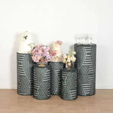 Set of 5 Hunter Emerald Green Sequin Mesh Cylinder Pedestal Pillar Prop Covers with Geometric