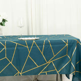 60"x102" Peacock Teal Rectangle Polyester Tablecloth With Gold Foil Geometric Pattern