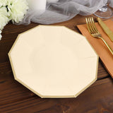 25 Pack | 7inch Beige Gold Foil Rim Geometric Appetizer Paper Plates, Decagon Dessert / Salad Plates