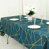 60"x102" Peacock Teal Rectangle Polyester Tablecloth With Gold Foil Geometric Pattern