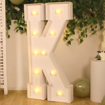 Giant LED Marquee Light Up Letter "K", White 4ft Pre-Cut Foam Board with 10 Warm White Battery Operated LEDs, Glue Gun and Sticks