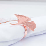 4 Pack | Rose Gold Ginkgo Leaf Napkin Rings, Linen Napkin Holders - Metallic Ornate Design - Blush