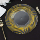 10 Pack | 9inch Clear / Gold Swirl Rim Disposable Dinner Plates, Round Plastic Party Plates