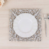 6 Pack Silver Square Acrylic Charger Plates with Hollow Lace Border