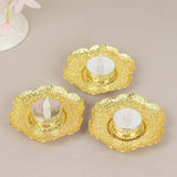 3 Pack | 4inch Shiny Gold Metal Plum Blossom Tealight Candle Holders, Vintage Mini Tea Cup Saucers