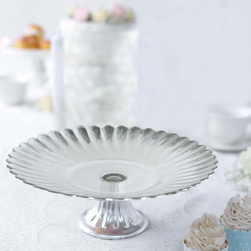 Glass Pedestal Cake Stand Wavy Edge Design Silver - Cupcake Holder and Dessert Display Plate 12"