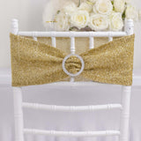 5 Pack Champagne Shimmer Tinsel Spandex Stretch Chair Sashes With Round Silver Rhinestone Chair