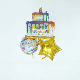 Happy Birthday Cake Mylar Foil Balloon Set, Round and Gold Star Balloon Bouquet With Ribbon