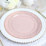 10 Pack | 10inch Blush / Rose Gold Hammered Design Plastic Dinner Plates With Gold Rim