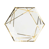 25 Pack | 7inch White / Gold Hexagon Salad Paper Plates, Geometric Disposable Dessert#whtbkgd