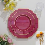 8inch Burgundy Heavy Duty Baroque Salad Plates with Gold Rim, Hard Plastic Dessert Appetizer Plates