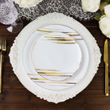 10 Pack | White & Gold Brush Stroked 10inch Round Plastic Dinner Plates