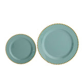 10-Pack Dusty Sage Green Plastic Dessert Plates – 8inch Round with Gold Beaded Rim, Disposable