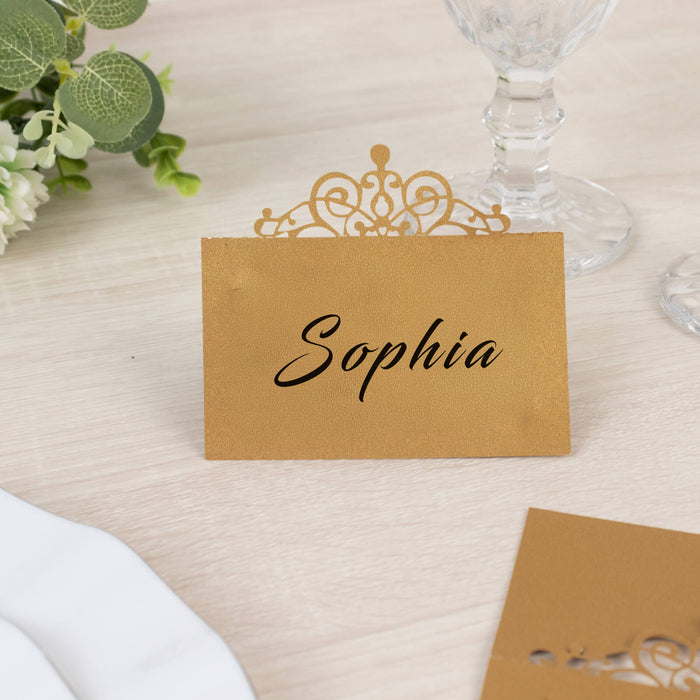 50-Pack Gold Place Cards with Laser Cut Crown Design