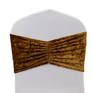 5 Pack Crushed Velvet Chair Bands Gold Wide Ruffle Style - Textured Chair Sashes for Stunning Event Decor - 8"x15"