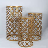 Set of 3 Gold Metal Cylinder Pillar Cake Display Stands, Round Mesh Plinth Pedestal Stand in Hollow