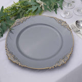 6 Pack | 13inch Charcoal Gray Gold Embossed Baroque Round Charger Plates With Antique Design Rim