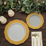 10 Pack | 10inch Gold / White Disposable Dinner Plates With Round Blossom Design With Gold Rim